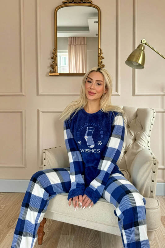 Lacivert Wishes Desenli Kadın Peluş Pijama Takımı - Pijamaevi (2)