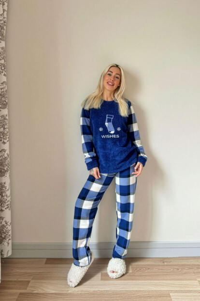 Lacivert Wishes Desenli Kadın Peluş Pijama Takımı - 6