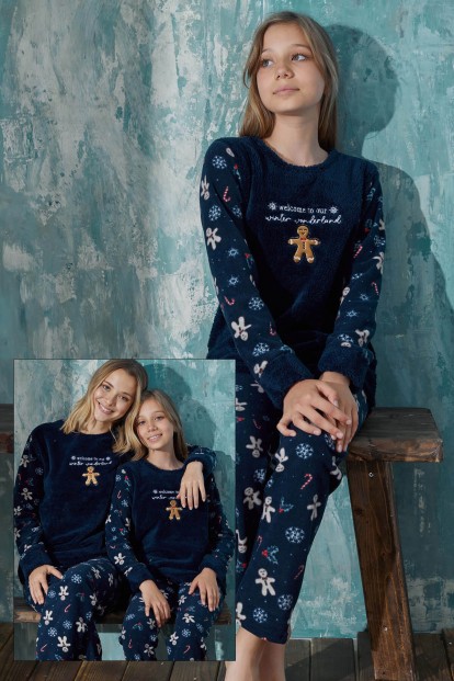 Lacivert Wonderland Peluş Anne Kız Aile Pijaması - Kız Çocuk Takımı - 1