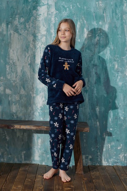 Lacivert Wonderland Peluş Anne Kız Aile Pijaması - Kız Çocuk Takımı - 3
