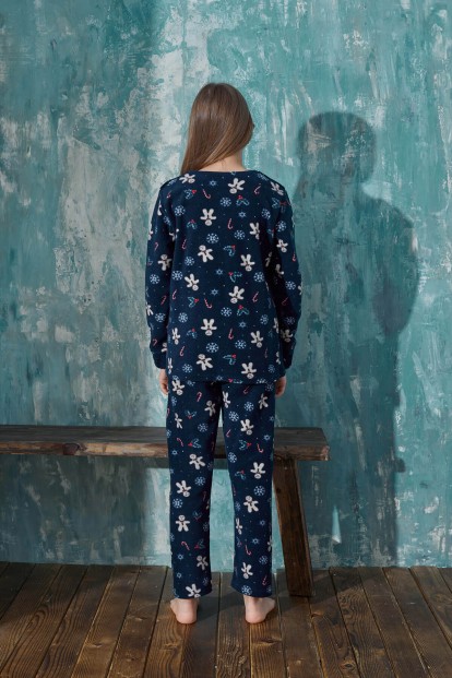 Lacivert Wonderland Peluş Anne Kız Aile Pijaması - Kız Çocuk Takımı - 4