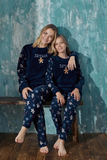 Lacivert Wonderland Peluş Anne Kız Aile Pijaması - Kız Çocuk Takımı - 5
