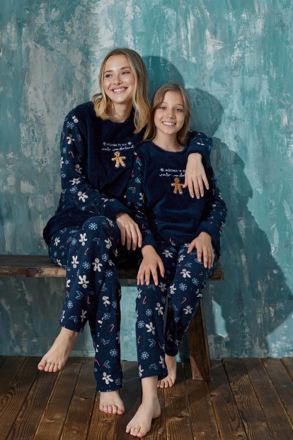 Lacivert Wonderland Peluş Anne Kız Aile Pijaması - Kız Çocuk Takımı - 6