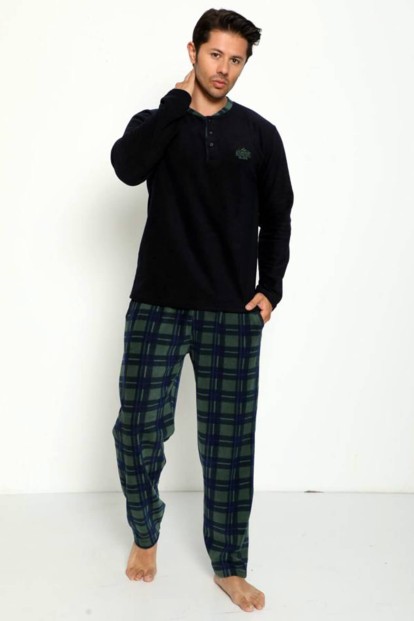 Lacivert Yeşil Adventure Baskılı Polar Erkek Pijama Takımı - 1