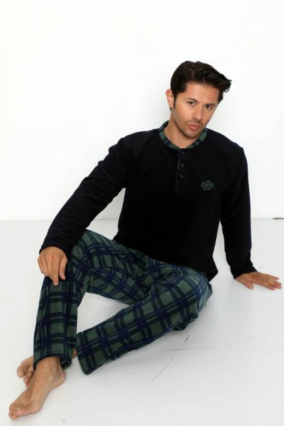 Lacivert Yeşil Adventure Baskılı Polar Erkek Pijama Takımı - 3
