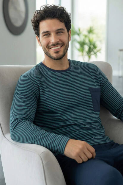 Lacivert Yeşil Çizgi Desenli Stylish Erkek Uzun Kol Pijama Takımı 