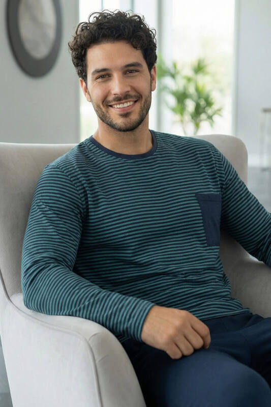 Lacivert Yeşil Çizgi Desenli Stylish Erkek Uzun Kol Pijama Takımı - Pijamaevi