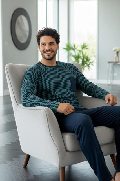 Lacivert Yeşil Çizgi Desenli Stylish Erkek Uzun Kol Pijama Takımı - 2