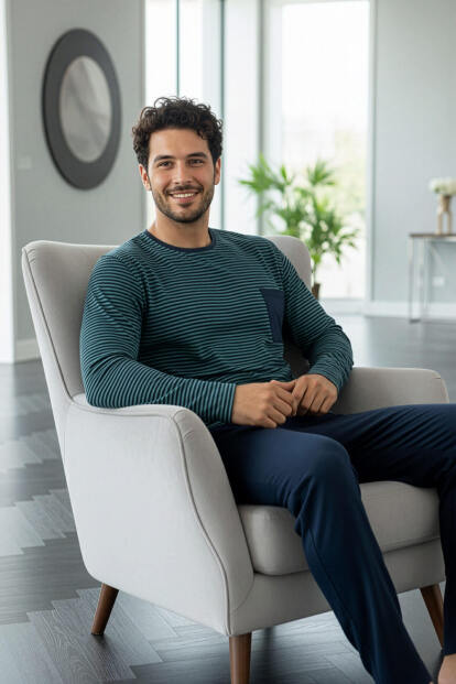 Lacivert Yeşil Çizgi Desenli Stylish Erkek Uzun Kol Pijama Takımı - 3