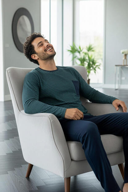 Lacivert Yeşil Çizgi Desenli Stylish Erkek Uzun Kol Pijama Takımı - 4