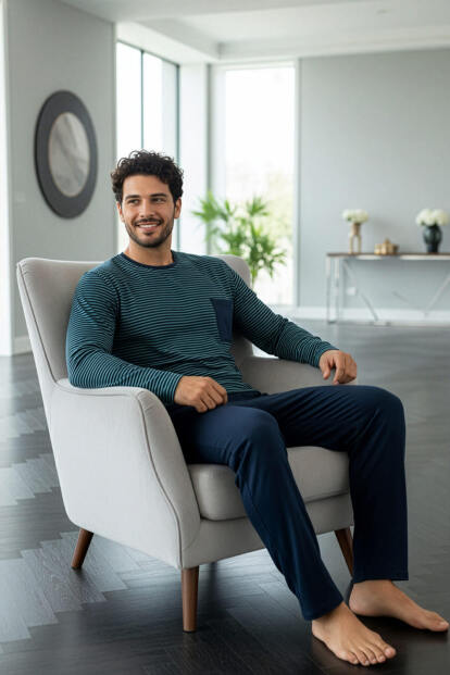 Lacivert Yeşil Çizgi Desenli Stylish Erkek Uzun Kol Pijama Takımı - 5