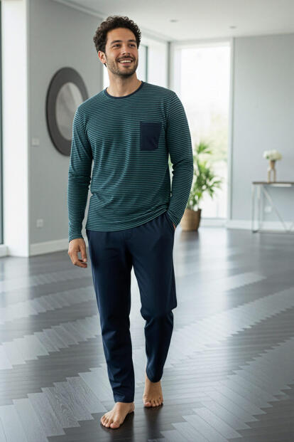 Lacivert Yeşil Çizgi Desenli Stylish Erkek Uzun Kol Pijama Takımı - 6