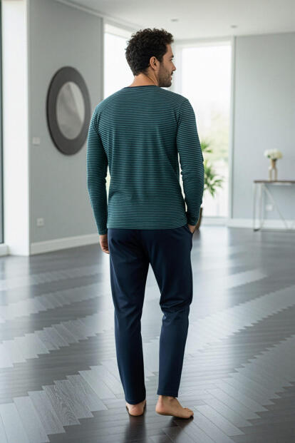 Lacivert Yeşil Çizgi Desenli Stylish Erkek Uzun Kol Pijama Takımı - 7