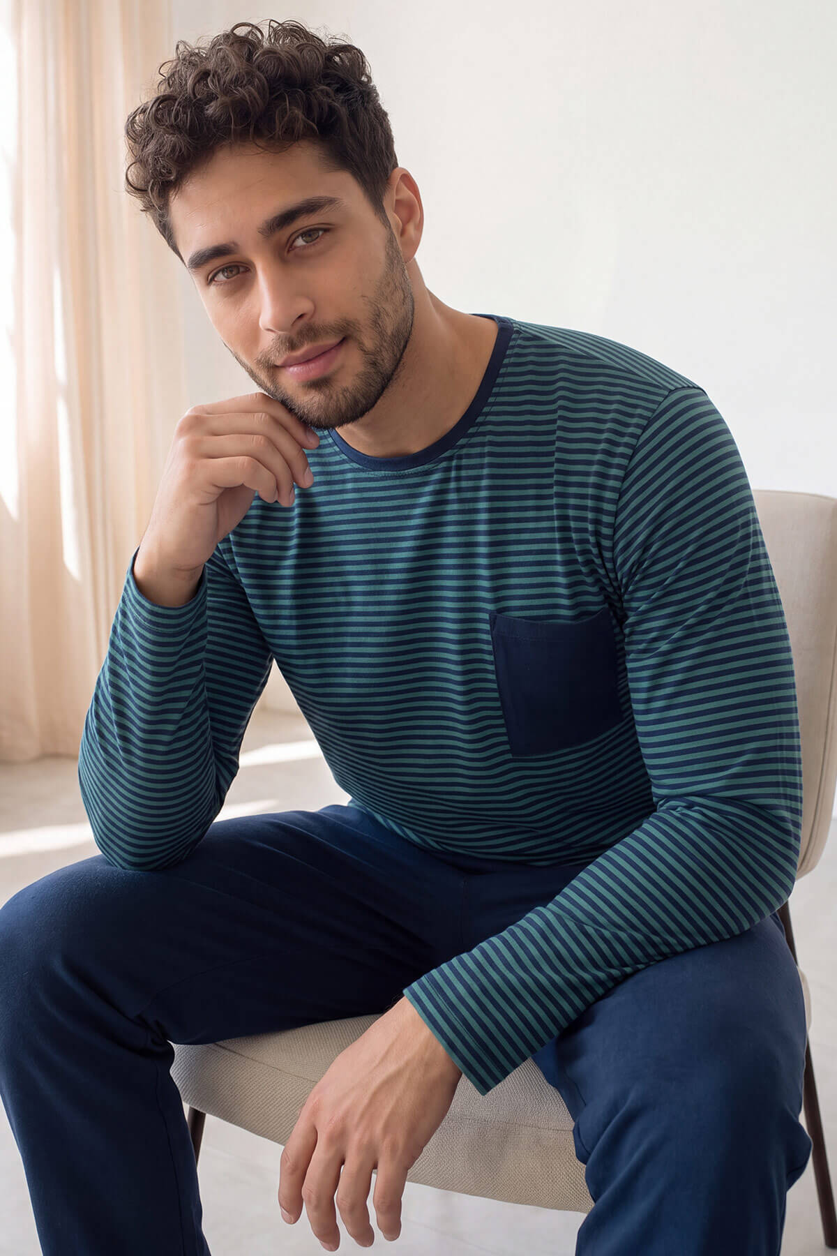 Lacivert Yeşil Çizgi Desenli Stylish Erkek Uzun Kol Pijama Takımı - Pijamaevi