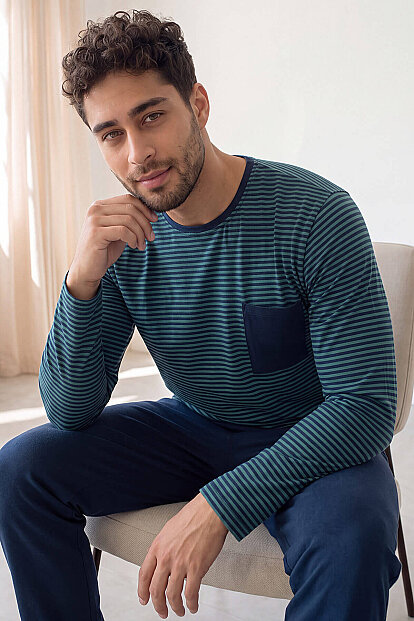 Lacivert Yeşil Çizgi Desenli Stylish Erkek Uzun Kol Pijama Takımı 