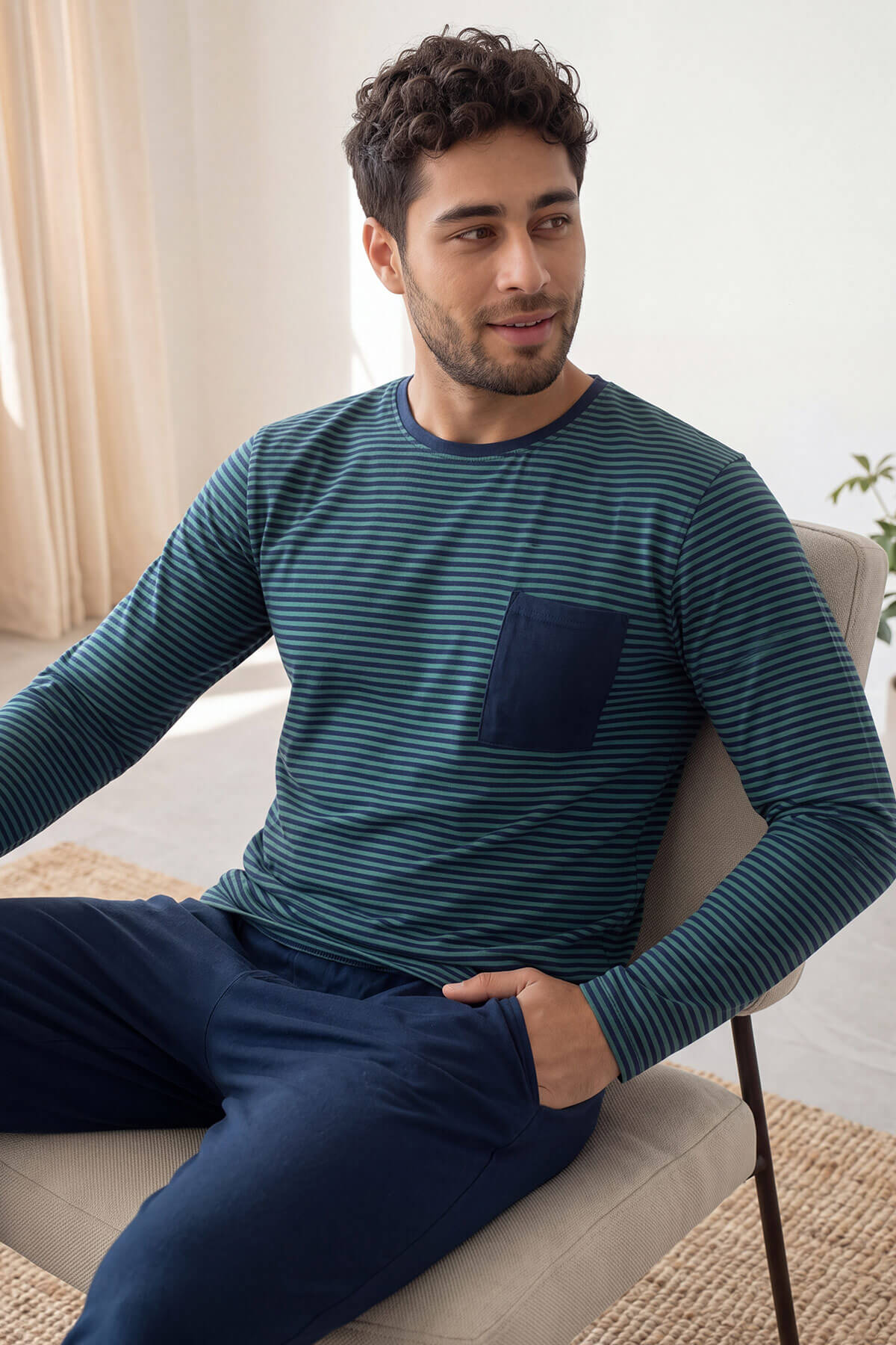 Lacivert Yeşil Çizgi Desenli Stylish Erkek Uzun Kol Pijama Takımı - Pijamaevi (2)
