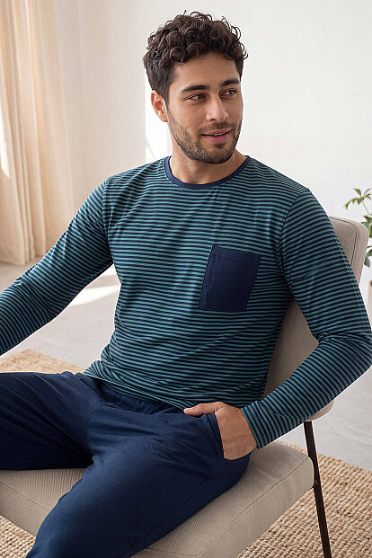 Lacivert Yeşil Çizgi Desenli Stylish Erkek Uzun Kol Pijama Takımı - 3