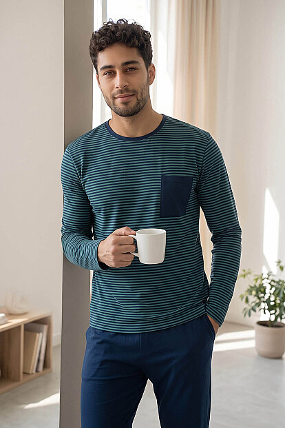 Lacivert Yeşil Çizgi Desenli Stylish Erkek Uzun Kol Pijama Takımı - 6
