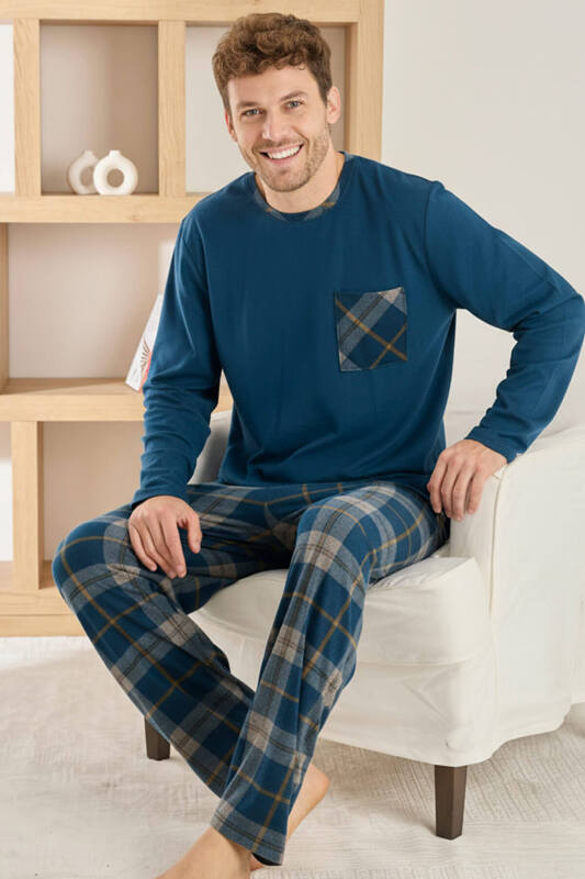 Lacivert Yeşil Ekose Desenli Elegant Erkek Pijama Takımı - Pijamaevi
