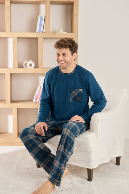 Lacivert Yeşil Ekose Desenli Elegant Erkek Pijama Takımı - 2