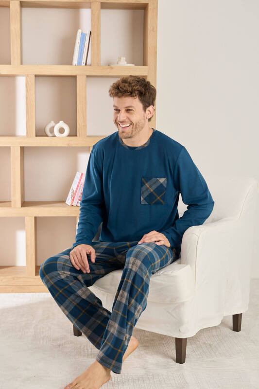 Lacivert Yeşil Ekose Desenli Elegant Erkek Pijama Takımı - Pijamaevi (1)
