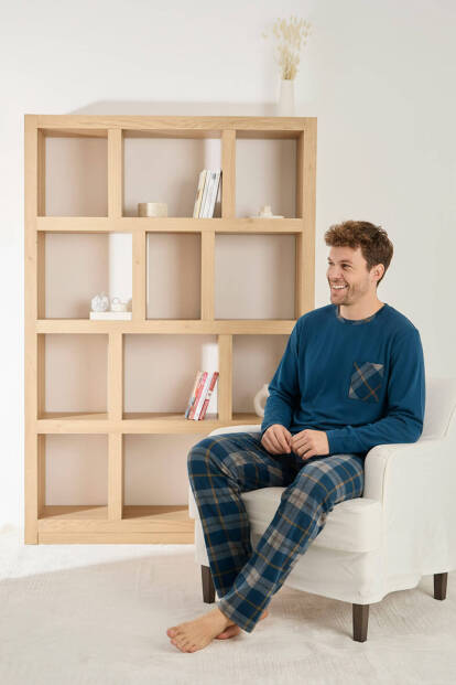 Lacivert Yeşil Ekose Desenli Elegant Erkek Pijama Takımı - 3