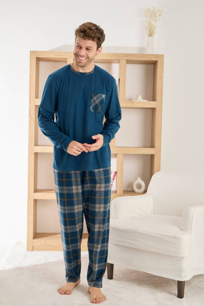 Lacivert Yeşil Ekose Desenli Elegant Erkek Pijama Takımı - 4