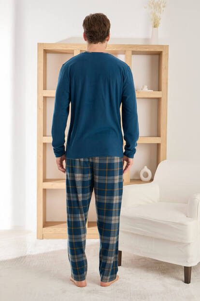 Lacivert Yeşil Ekose Desenli Elegant Erkek Pijama Takımı - 5