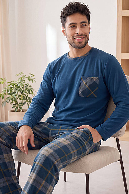 Lacivert Yeşil Ekose Desenli Elegant Erkek Pijama Takımı 