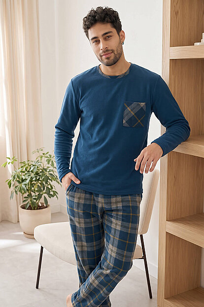 Lacivert Yeşil Ekose Desenli Elegant Erkek Pijama Takımı - 5