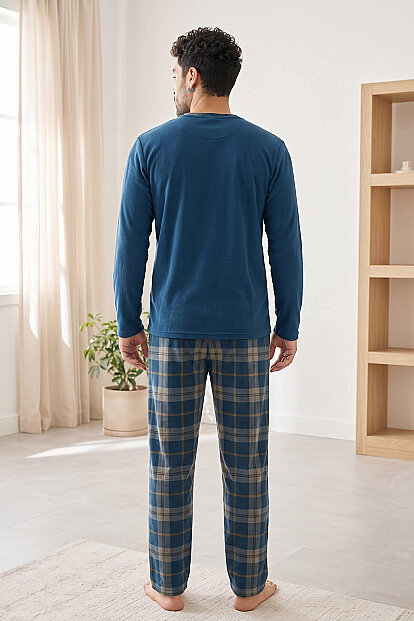 Lacivert Yeşil Ekose Desenli Elegant Erkek Pijama Takımı - 6