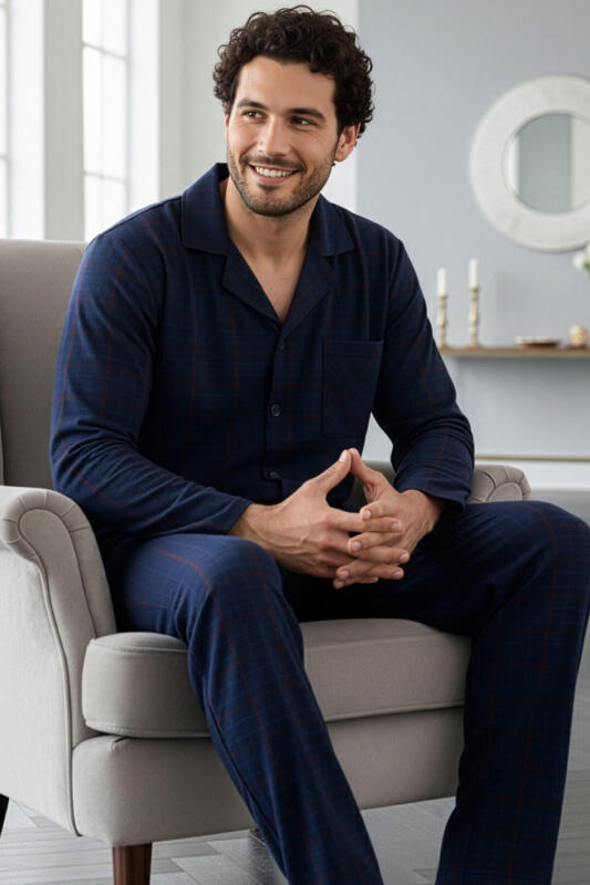 Lacivert Yeşil Ekose Desenli Önden Düğmeli Elegant Erkek Pijama Takımı - Pijamaevi