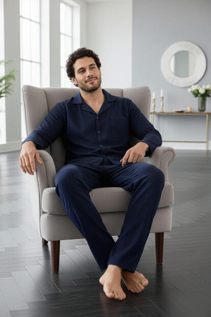Lacivert Yeşil Ekose Desenli Önden Düğmeli Elegant Erkek Pijama Takımı - 2