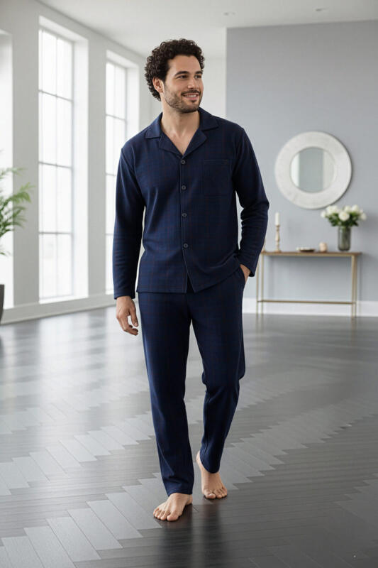 Lacivert Yeşil Ekose Desenli Önden Düğmeli Elegant Erkek Pijama Takımı - Pijamaevi (3)