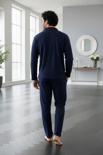 Lacivert Yeşil Ekose Desenli Önden Düğmeli Elegant Erkek Pijama Takımı - 5