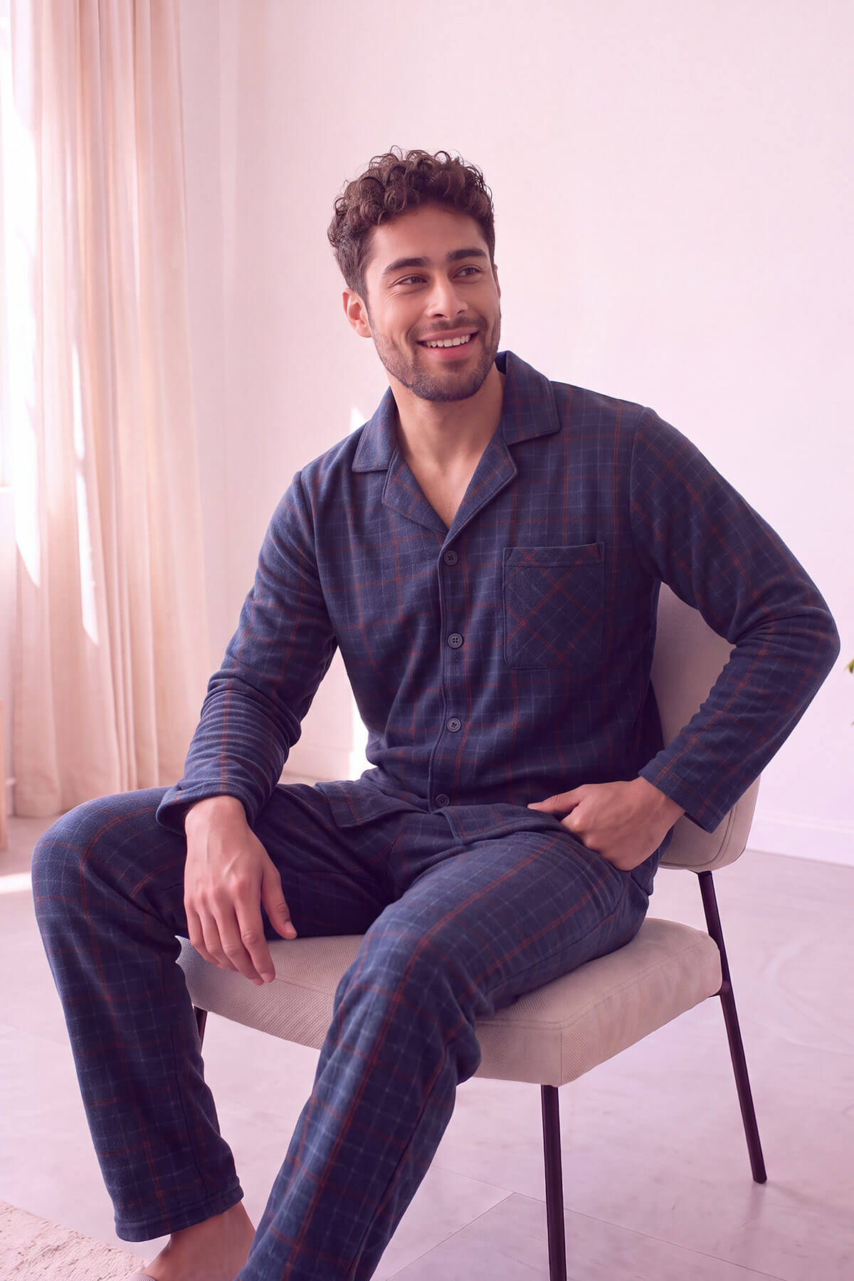 Lacivert Yeşil Ekose Desenli Önden Düğmeli Elegant Erkek Pijama Takımı - Pijamaevi (1)