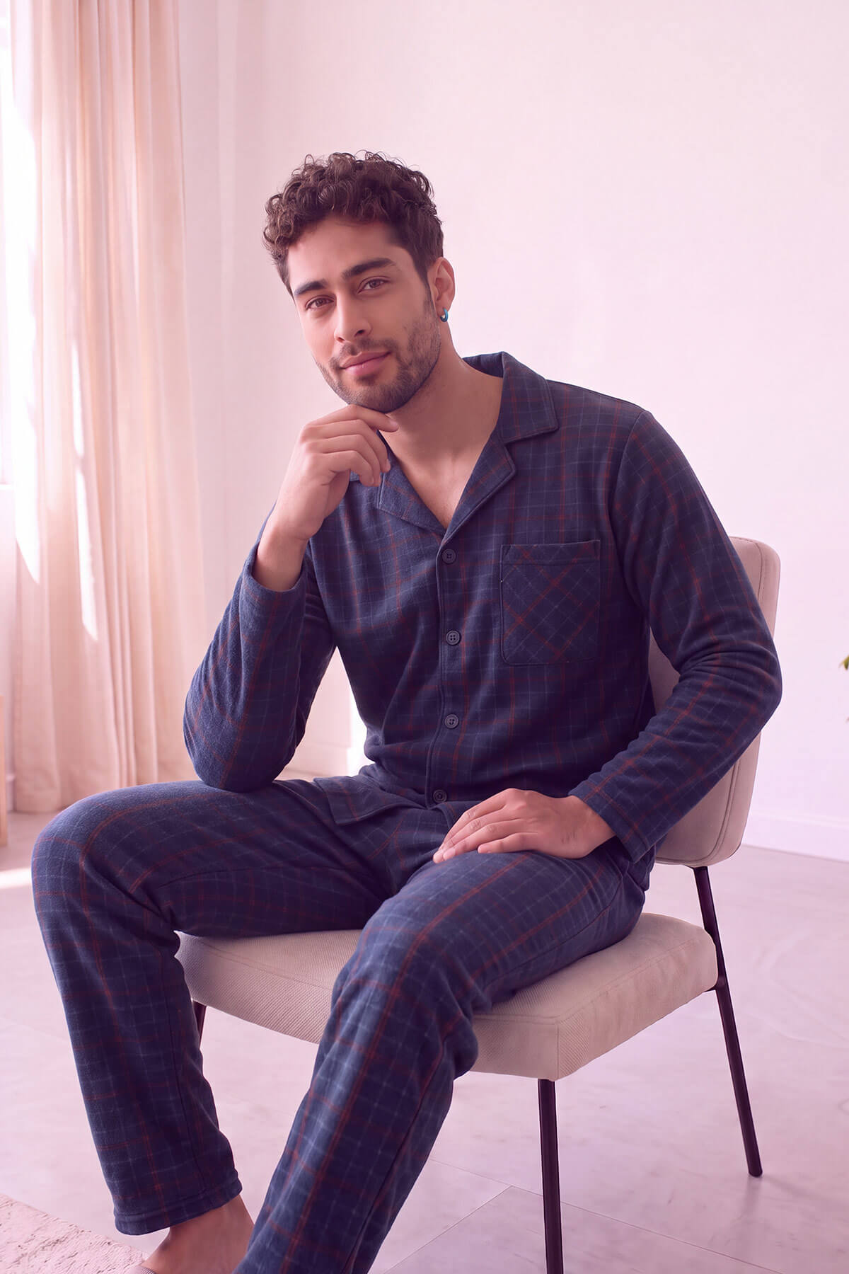 Lacivert Yeşil Ekose Desenli Önden Düğmeli Elegant Erkek Pijama Takımı - Pijamaevi (2)