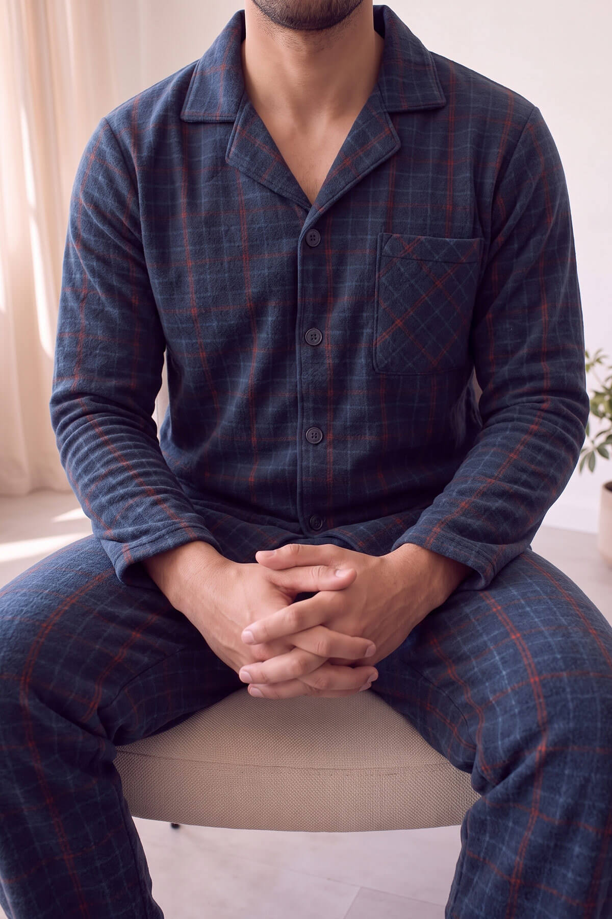Lacivert Yeşil Ekose Desenli Önden Düğmeli Elegant Erkek Pijama Takımı - Pijamaevi (3)