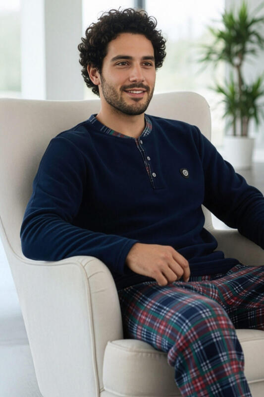 Lacivert Yeşil Ekose Desenli Polar Erkek Pijama Takımı - Pijamaevi