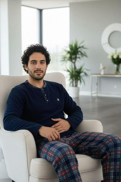 Lacivert Yeşil Ekose Desenli Polar Erkek Pijama Takımı - 2