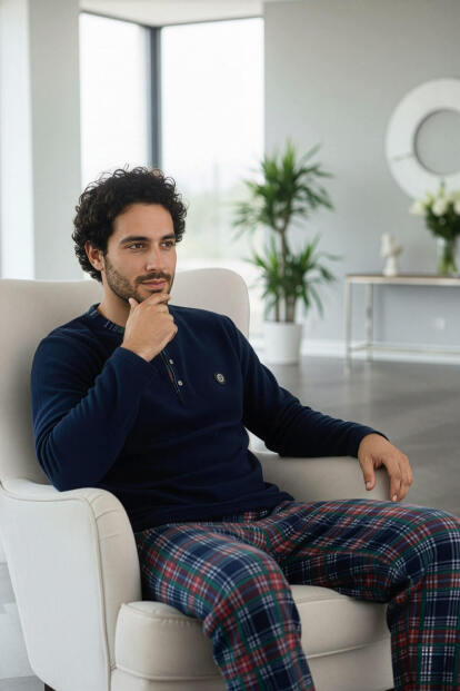 Lacivert Yeşil Ekose Desenli Polar Erkek Pijama Takımı - 3