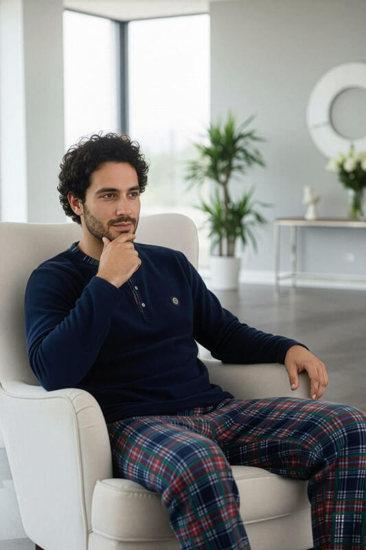 Lacivert Yeşil Ekose Desenli Polar Erkek Pijama Takımı - Pijamaevi (2)