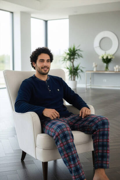 Lacivert Yeşil Ekose Desenli Polar Erkek Pijama Takımı - 4