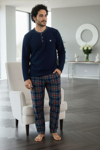 Lacivert Yeşil Ekose Desenli Polar Erkek Pijama Takımı - 5