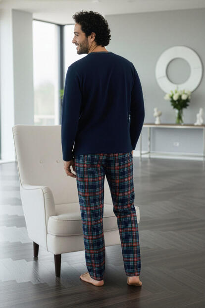 Lacivert Yeşil Ekose Desenli Polar Erkek Pijama Takımı - 6