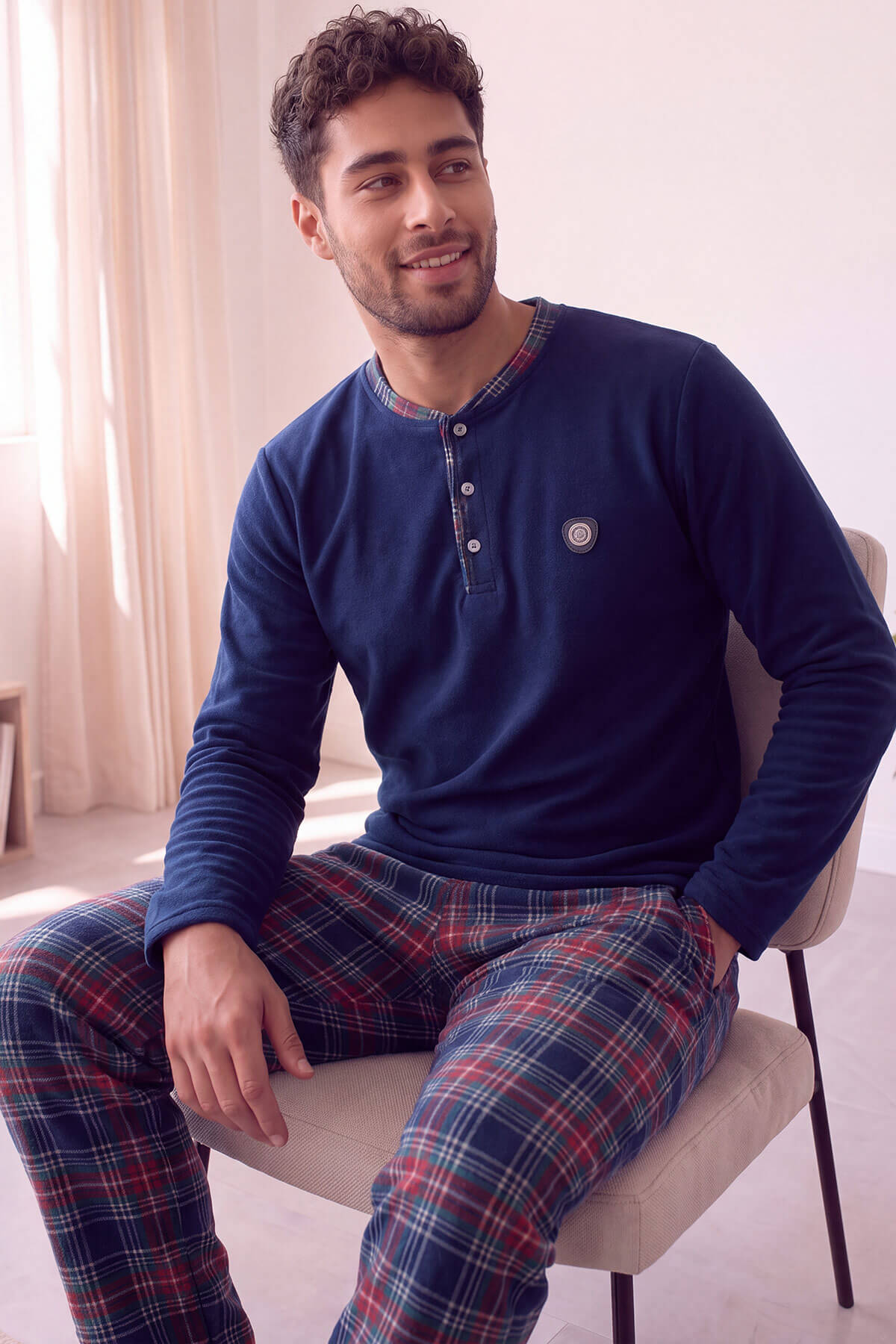 Lacivert Yeşil Ekose Desenli Polar Erkek Pijama Takımı - Pijamaevi