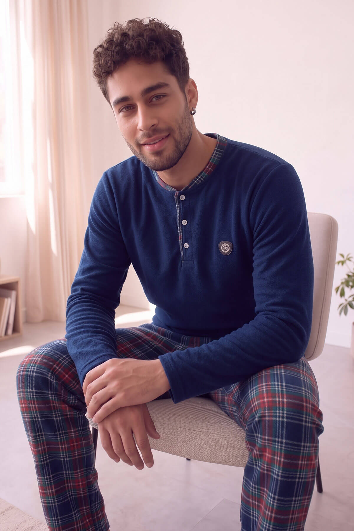 Lacivert Yeşil Ekose Desenli Polar Erkek Pijama Takımı - Pijamaevi (2)