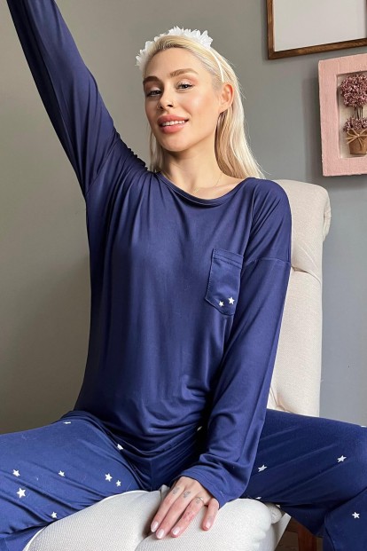 Lacivert Yıldız Desenli Bambu Uzun Kol Kadın Pijama Takımı - 1