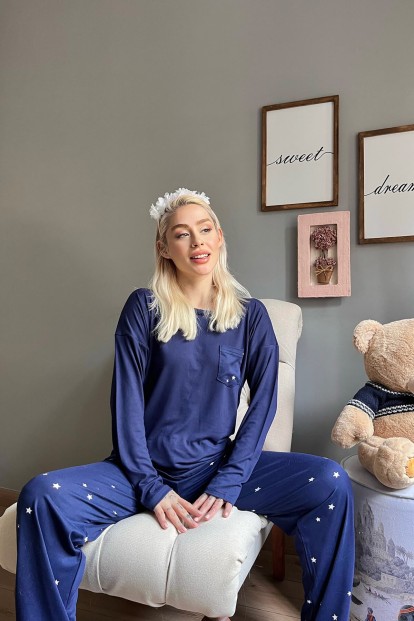 Lacivert Yıldız Desenli Bambu Uzun Kol Kadın Pijama Takımı - 2