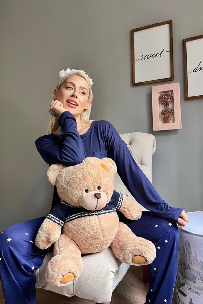 Lacivert Yıldız Desenli Bambu Uzun Kol Kadın Pijama Takımı - 3